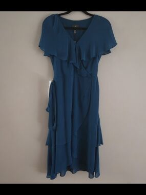 Adrianna Papell Teal Dress with Flutter Ruffle New